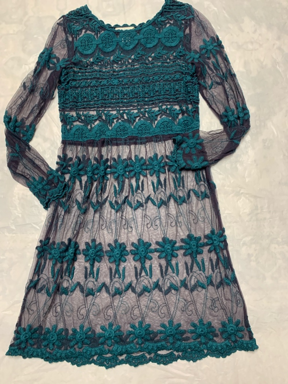 Sundance Embroidered Lace Overlay Dress Boho Green Black Long Sleeve Size MP